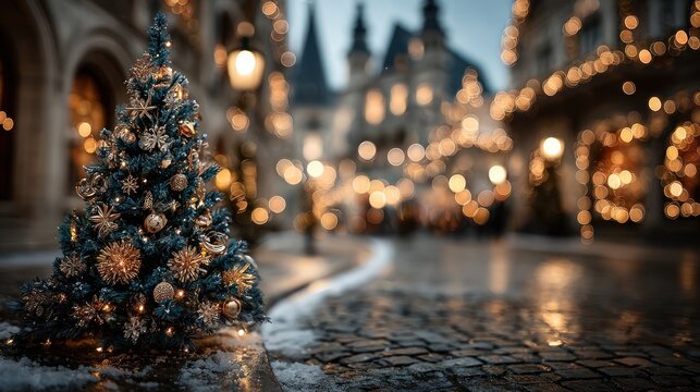 Christmas tree on cobblestone street.