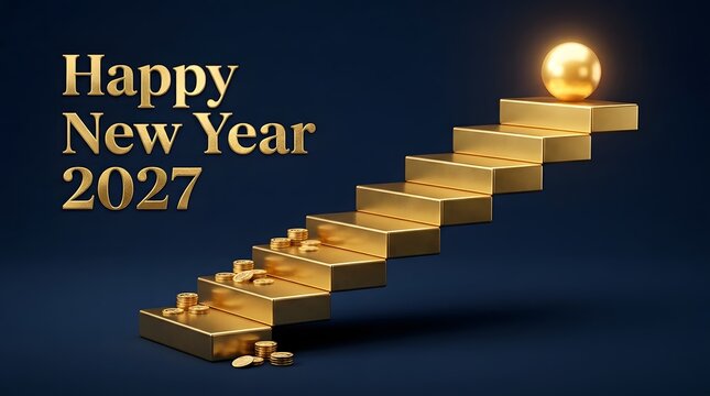 Happy new year 2027 with golden staircase and glowing sphere