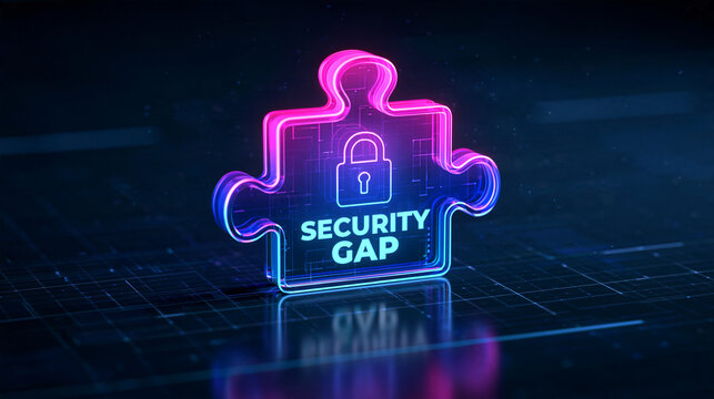 A glowing neon security gap puzzle piece symbol on a dark digital background. Ideal for cybersecurity and data protection presentations.