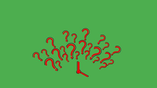 Animated clock icon surrounded by multiple question marks, symbolizing time management, uncertainty, thinking, and decision making.