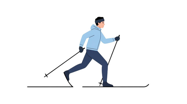 Crosscountry skier in winter sportswear with poles and skis, flat vector illustration of a man practicing nordic skiing isolated on transparent background