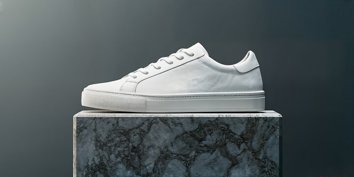 White sneaker resting on a polished marble pedestal with a dark gray backdrop for a modern minimalist fashion or retail showcase.
