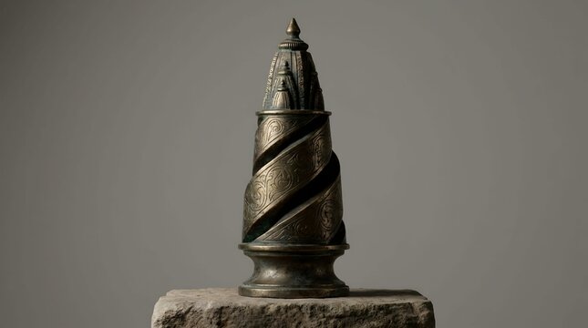
Antique Brass Temple Tower Sculpture With Spiral Engraved Pattern And Indian Temple Shikhara Design On Stone Base