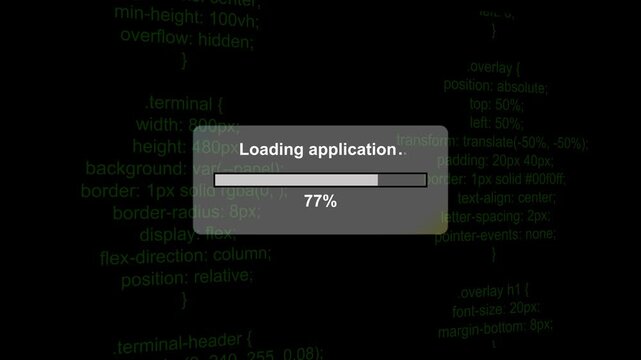 Loading application progress bar overlay on digital source code background, for software development, and tech concepts