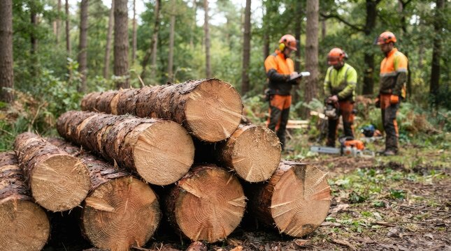 Team of lumberjacks in safety gear harvesting pine logs in a forest, sustainable forestry and logging industry