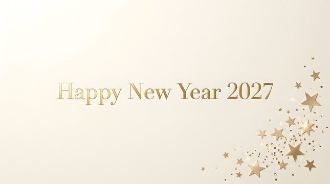 Happy new year 2027 with gold stars and confetti on beige background