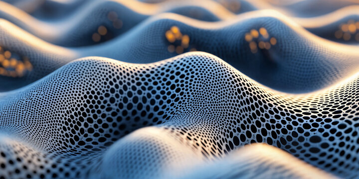 Futuristic graphene lattice structure, blue microscopic carbon fiber waves, nanotechnology molecular mesh background for science and engineering