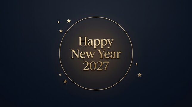 Happy new year 2027 in gold on a dark circular background