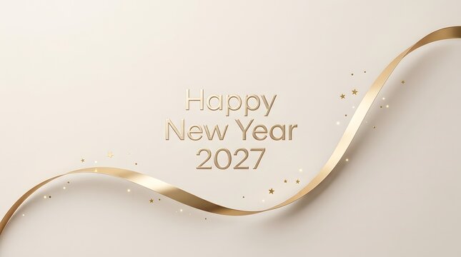 Happy new year 2027 with flowing gold ribbon and confetti