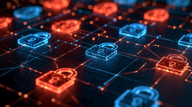 Glowing red and blue digital padlock symbols connected by a data network with dramatic lighting. Perfect for cybersecurity and online safety background concepts.