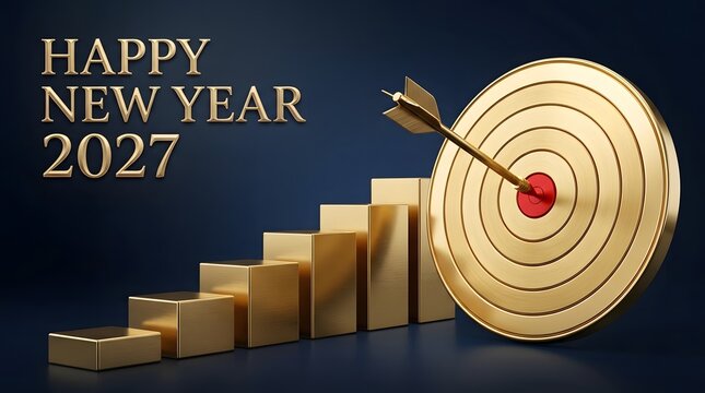 Happy new year 2027 with gold bar chart and target bullseye