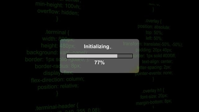Digital loading progress bar with green programming code background, for software development, and tech concepts