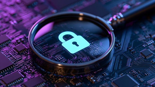 A glowing padlock icon is revealed through a magnifying glass resting on a futuristic computer circuit board with neon purple lighting. Use this cyber security concept for.