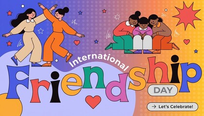Fototapeta premium International Friendship Day 2026 Colorful Greeting Banner, Happy Diverse Girls Dancing and Sitting Together Retro Vector Illustratio