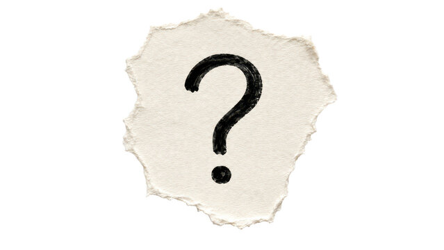 Black question mark drawn on a piece of torn paper isolated on transparent background