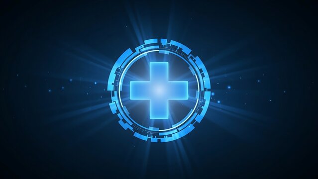 Modern futuristic cross symbol with glowing blue digital ring background