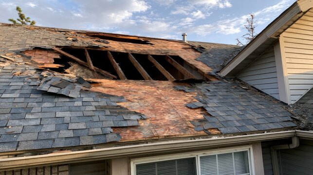 Damaged roof shingles and exposed wood framing