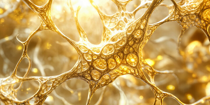 Golden microscopic neural network structure, organic cellular web with glowing light, abstract biological fiber texture in warm amber tones