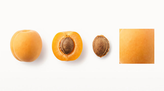 Whole apricot half with pit and texture shown in studio lighting isolated on white background