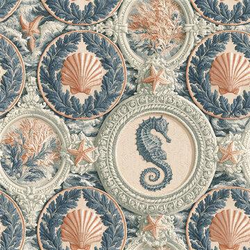 Victorian nautical tapestry seamless pattern with detailed sea creatures and shells in soft blue and peach tones