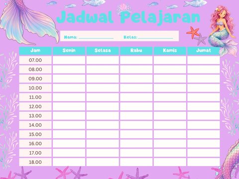 Cute Mermaid Under the Sea Weekly Class Schedule Template for Girls