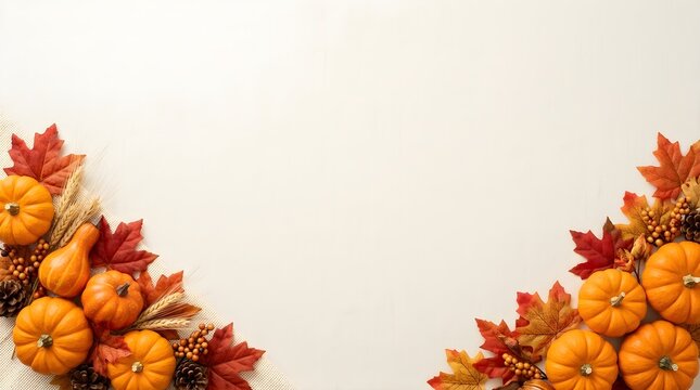 Decorative autumn corner borders with orange pumpkins fall leaves pinecones and wheat ears on a light rustic textured background