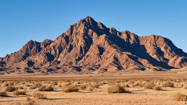 Rugged rocky mountain rising sharply above a desolate desert landscape under a clear blue sky. Ideal for adventure travel backgrounds and nature exploration concepts.