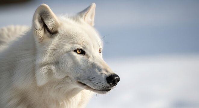 Close up portrait of a majestic white arctic wolf in a snowy landscape.