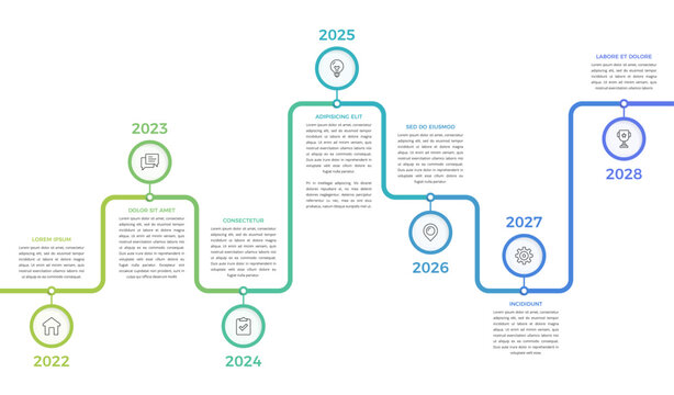 Seven step timeline infographic template with winding path. Ideal for annual roadmap or multi-year plan content. 7 step flow chart or diagram. Vector illustration