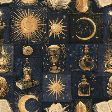 Vintage celestial patchwork seamless pattern with golden suns, moons, stars, bottles, crystals, and books creating mystical