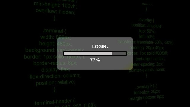 Digital login progress bar with scrolling source code background, for cyber security, and software development concepts