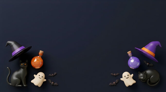 Halloween flat lay composition with spooky 3D icons on dark background, festive holiday border featuring black cats and witch hats with magic potion bottles. Minimalist seasonal layout with cute