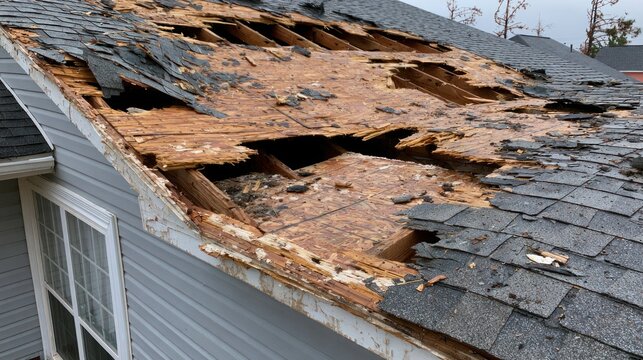 Damaged roof with broken shingles and exposed wood structure