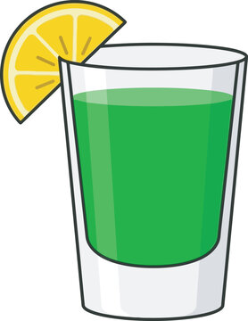 Vibrant green alcohol shot glass vector icon garnished with a fresh yellow lemon wedge on the rim. Ideal flat graphic for cocktail lounge menus, bar apps, nightlife guides, party sites, and web UI.