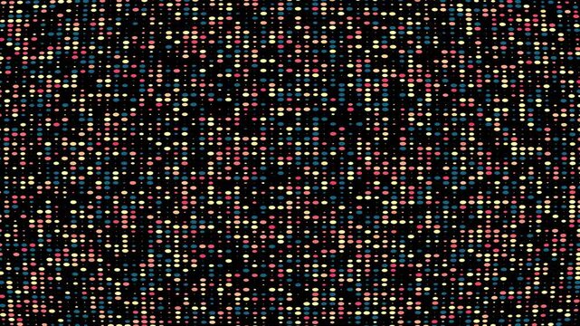 Abstract digital glitch pattern with blinking colorful dots on dark background.