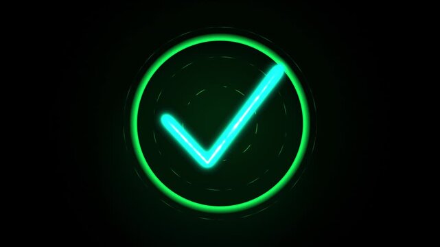 Neon green check mark icon in glowing circle, futuristic checkmark animation on black background, digital validation symbol