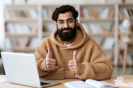 Bearded man giving thumbs-up while working with laptop and books