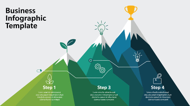 Business infographic template with mountain steps, growth strategy, plant icons and trophy for corporate presentation