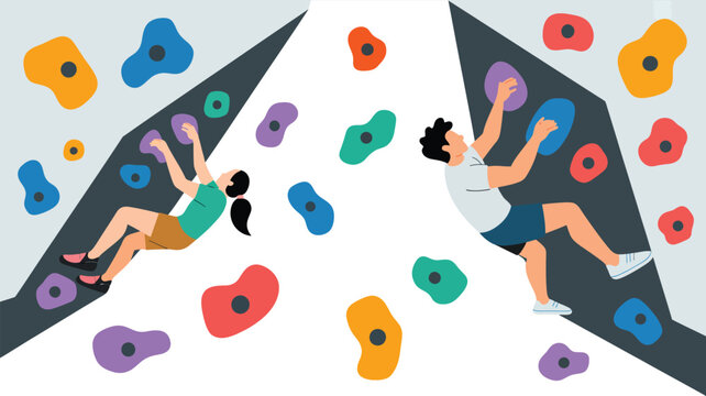 Indoor rock climbing and bouldering illustration with climbers scaling colorful artificial climbing walls