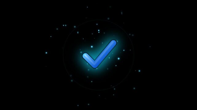 Glowing blue checkmark icon with particle effects, neon check mark symbol of approval, success animation on black background