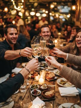 Celebratory toast with clinking glasses and warm bokeh background, hands in mid cheer