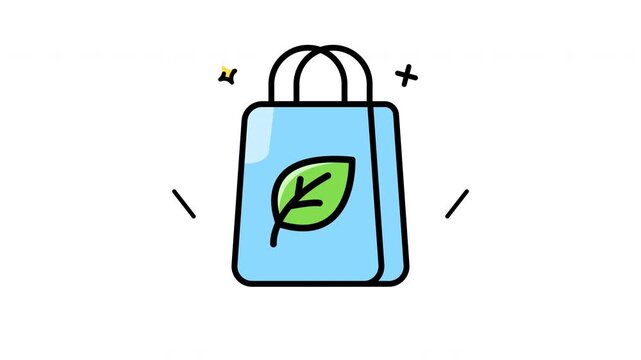 Sustainable blue shopping bag icons with leaf logo on white backdrop