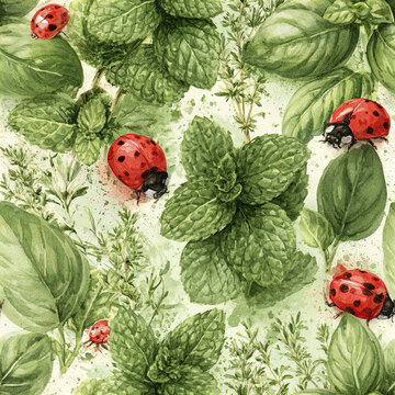 Watercolor seamless pattern with playful ladybug insects crawling on fresh green herb leaves, creating lively natural design