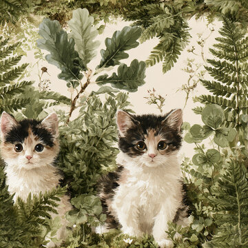 Curious calico kittens surrounded by lush green fern and oak leaves seamless woodland watercolor pattern, charming and natural