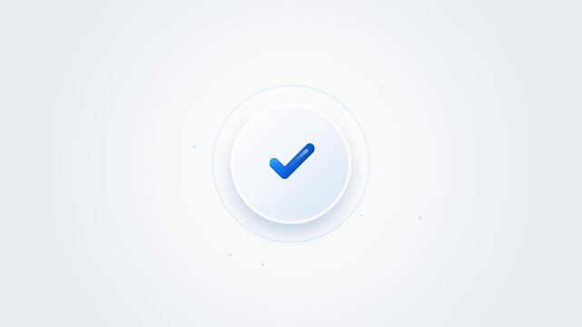 Neumorphic check mark button animation, 3D blue tick icon on white circular button, success and approval concept video