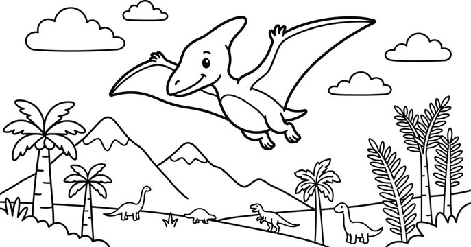 A delightful pterodactyl coloring page for kids unleash creativity with this prehistoric flying reptile illustration