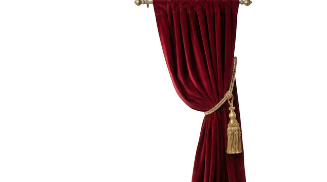 A single luxurious red velvet curtain draped to the side with a decorative gold tassel tieback, hanging from a brass rod, isolated on transparent background