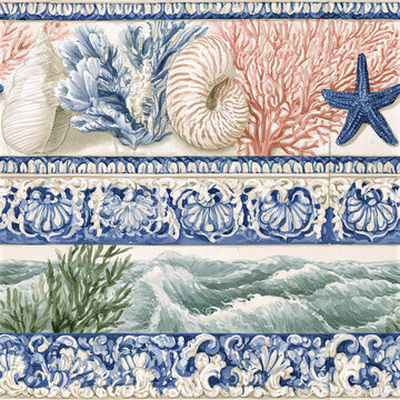 Seashell starfish coral and ocean wave pattern with decorative blue and white ornamental borders in whimsical beach house style
