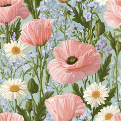 Obraz premium Whimsical botanical seamless pattern with tall pink poppy, white daisy, and delicate blue flowers soft green background