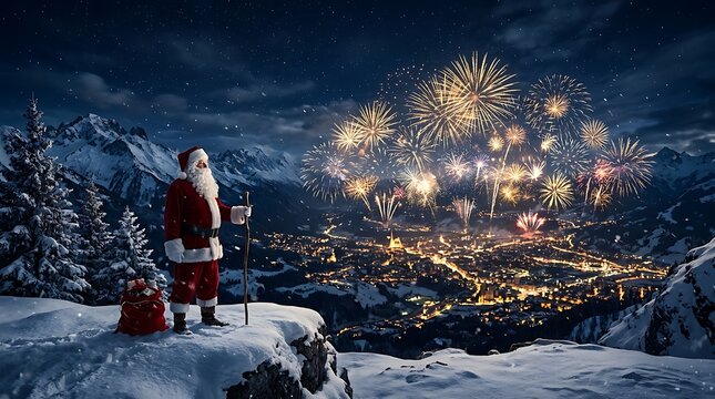 Santa claus watching colorful fireworks display on snowy hillside with pine trees